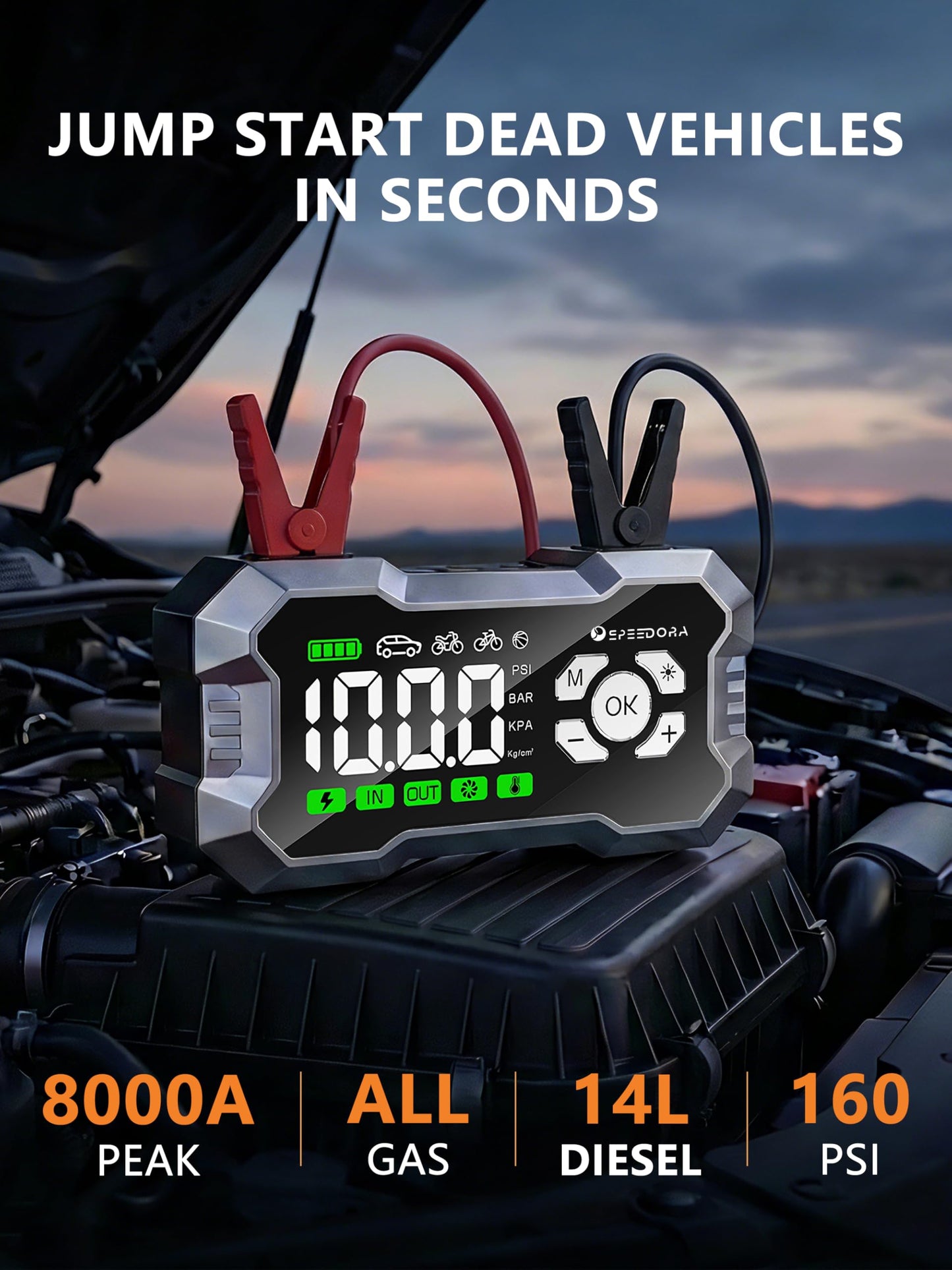 Jump Starter with Air Compressor, SPEEDORA 8000A Portable Car Battery Jump Starter for (All Gas/12L Diesel Engines), 160PSI Tire Inflator, 3.3" Screen,600LM Light, Jumper Cables,12V Car Booster Pack
