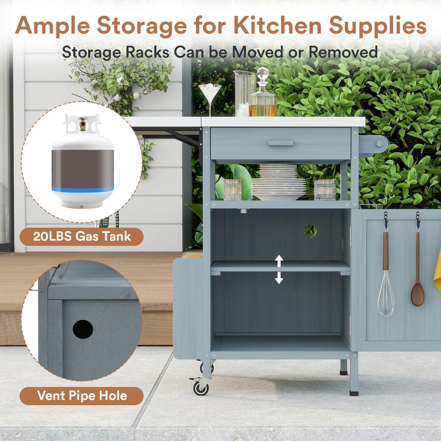 Zevemomo Outdoor Grill Cart with Drop Leaf, Stainless Steel Tabletop Outdoor Kitchen Island, Solid Wood Outdoor Buffet Cabinet with Drawer, Towel Rack, Lockable Wheels for Grilling, Gray-Blue