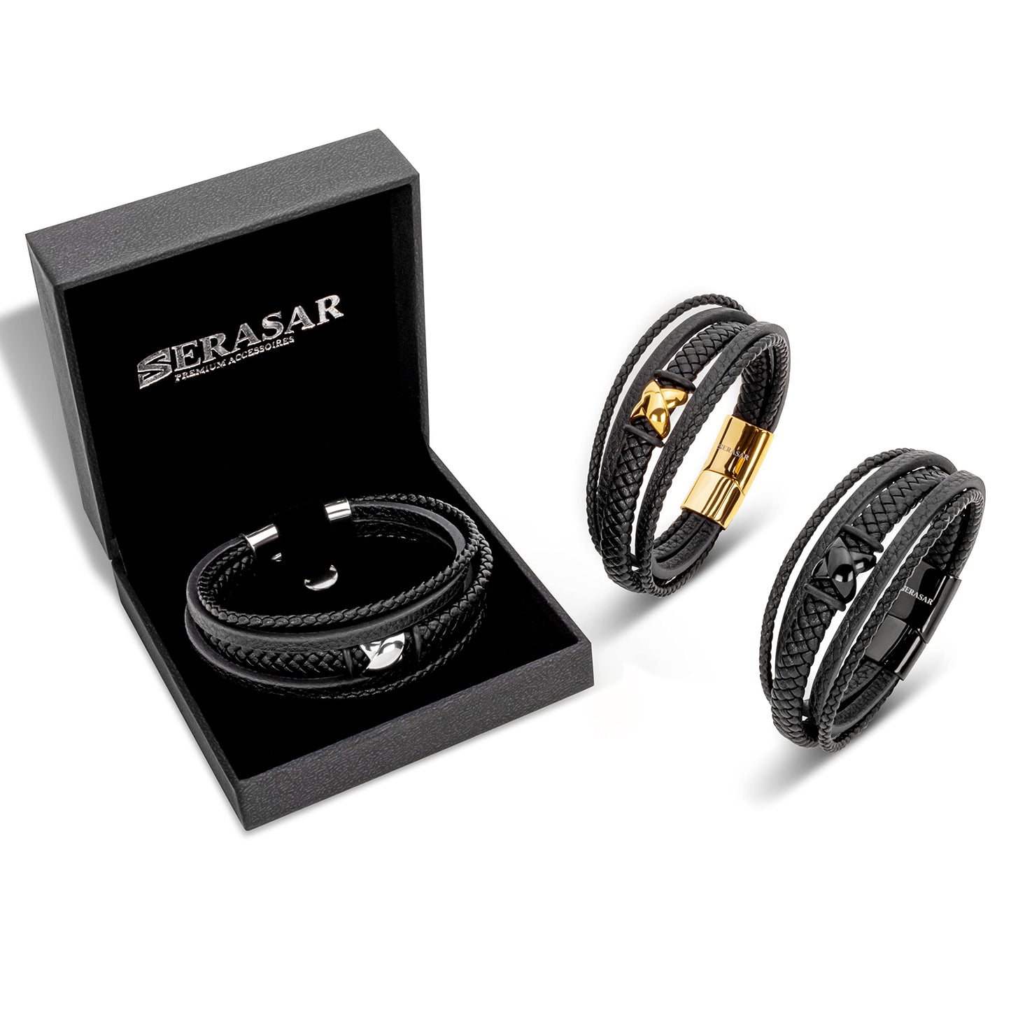 SERASAR Mens Silver Bracelets 23cm Bracelet Men Gift Box Genuine Leather Cowhide Braided Magnetic Clasp Multi Layer Wrap Rope Man Mans Male Band Jewelry Magnet Accessories