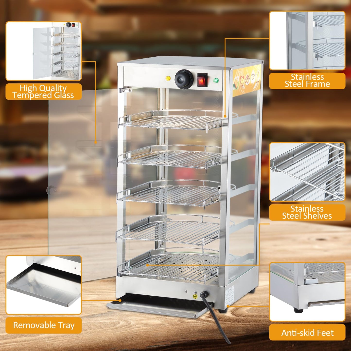 GarveeHome 5 Tiers Commercial Food Warmer Display, 14 in 800W Electric Countertop Pizza Warmer with 3 Color Lighting, Temp Knob, Removable Shelves, Pastry WarmerCase for Buffet Restaurant