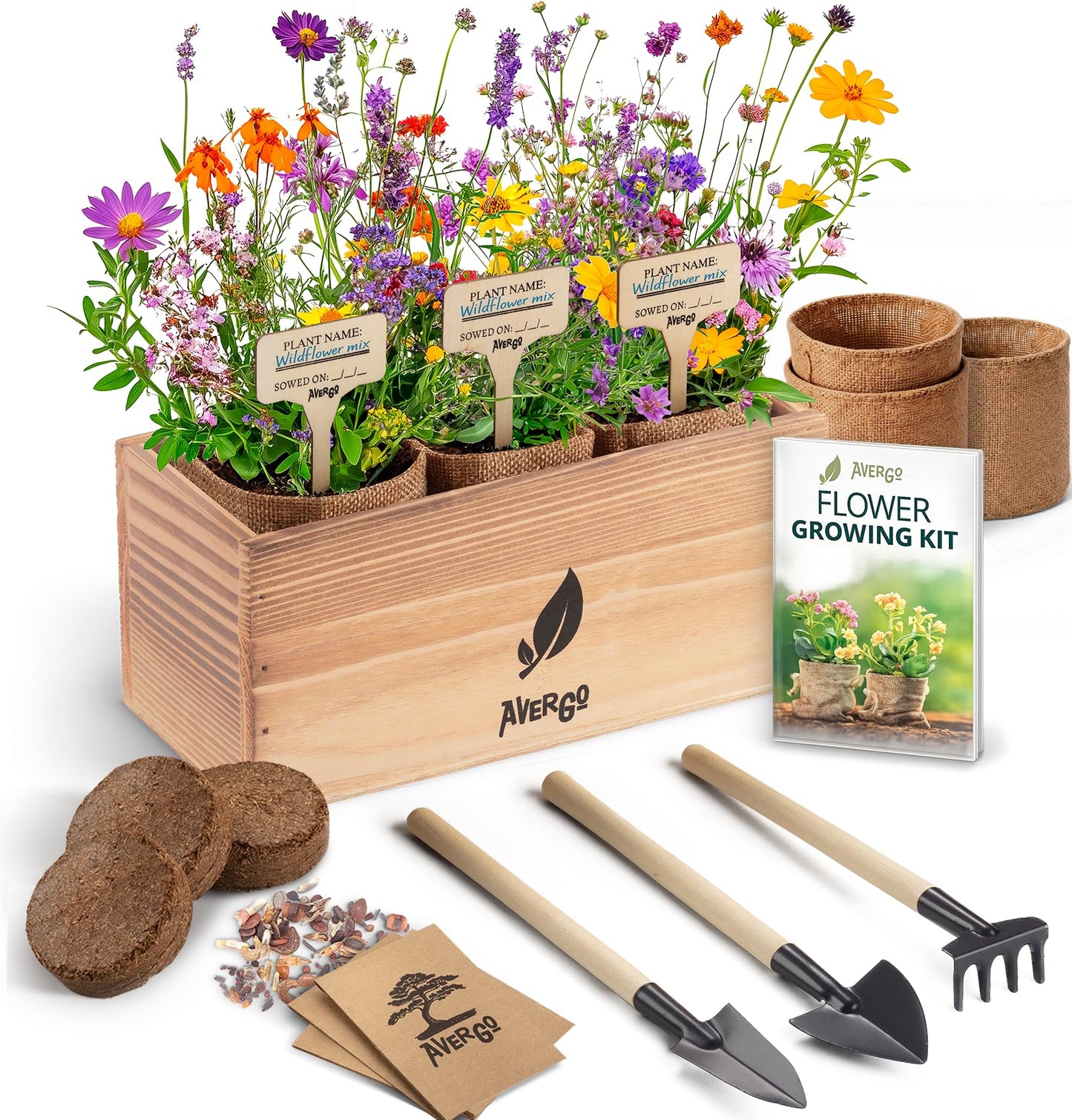 AVERGO Wildflower Seed Mix Growing Kit - Perennial Wild Flowers | Ideal Gift - Also Includes Planters, Soil, Wooden Box, and Gardening Tools for Indoor Garden and Patio Planting