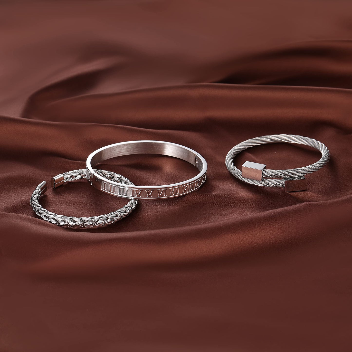 WFYOU 3PCS Stainless Steel Bracelets for Men Gold Roman Numeral Bangle Bracelet Twisted Cable Bracelet Adjustable Cuff Bracelet Mens Luxury Jewelry Bracelets Gifts
