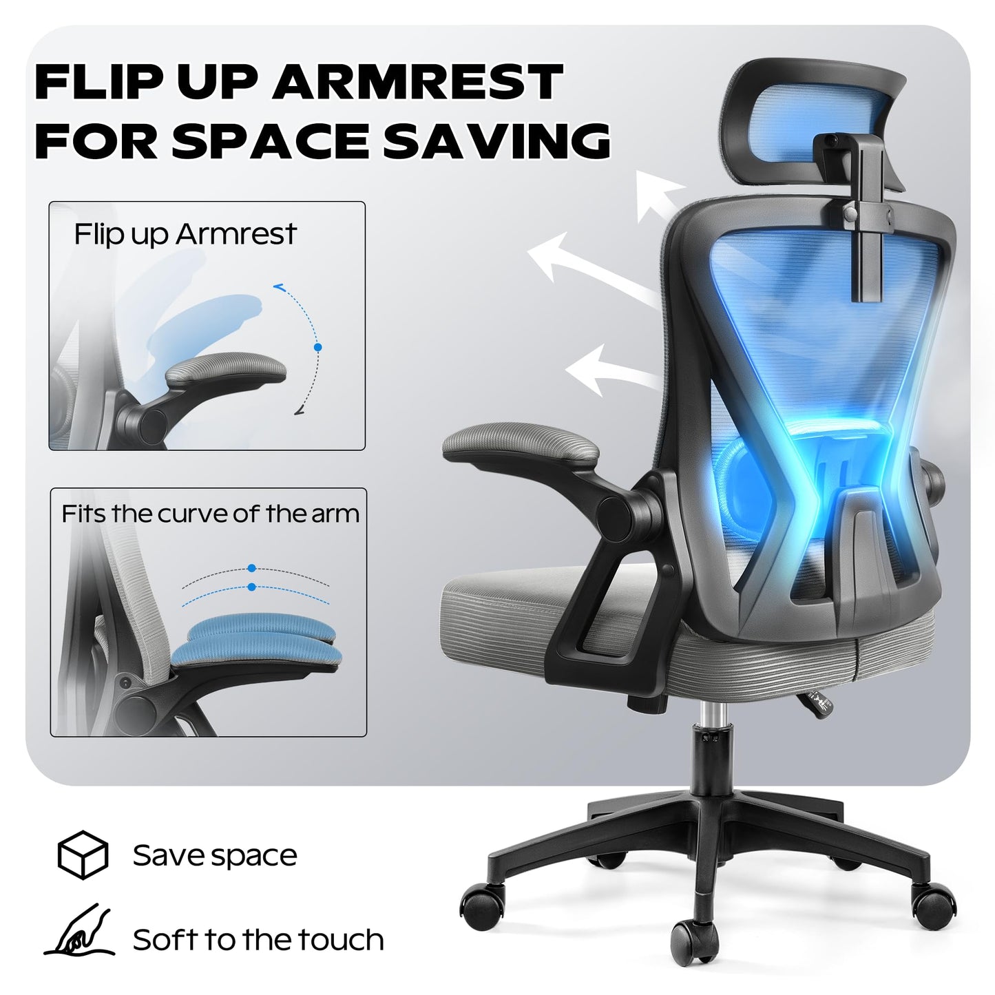 Ergonomic Office Chair, Home Office Desk Chair with Headrest, High Back Mesh Chair with Flip-up Armrests, Comfy Desk Chair with Lumbar Support, Rolling Swivel Task Computer Chair for Home Office