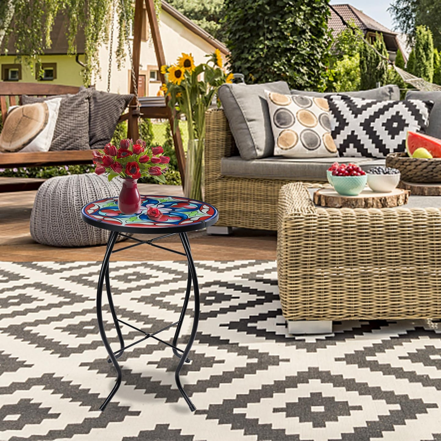 MUMTOP Side Patio Tables-Mosaic Outdoor Side Table - 14’’ Symmetrical Pattern Glass Accent Round End Table, Plant Stand Indoor Small Coffee Table for Garden or Living Room Decor