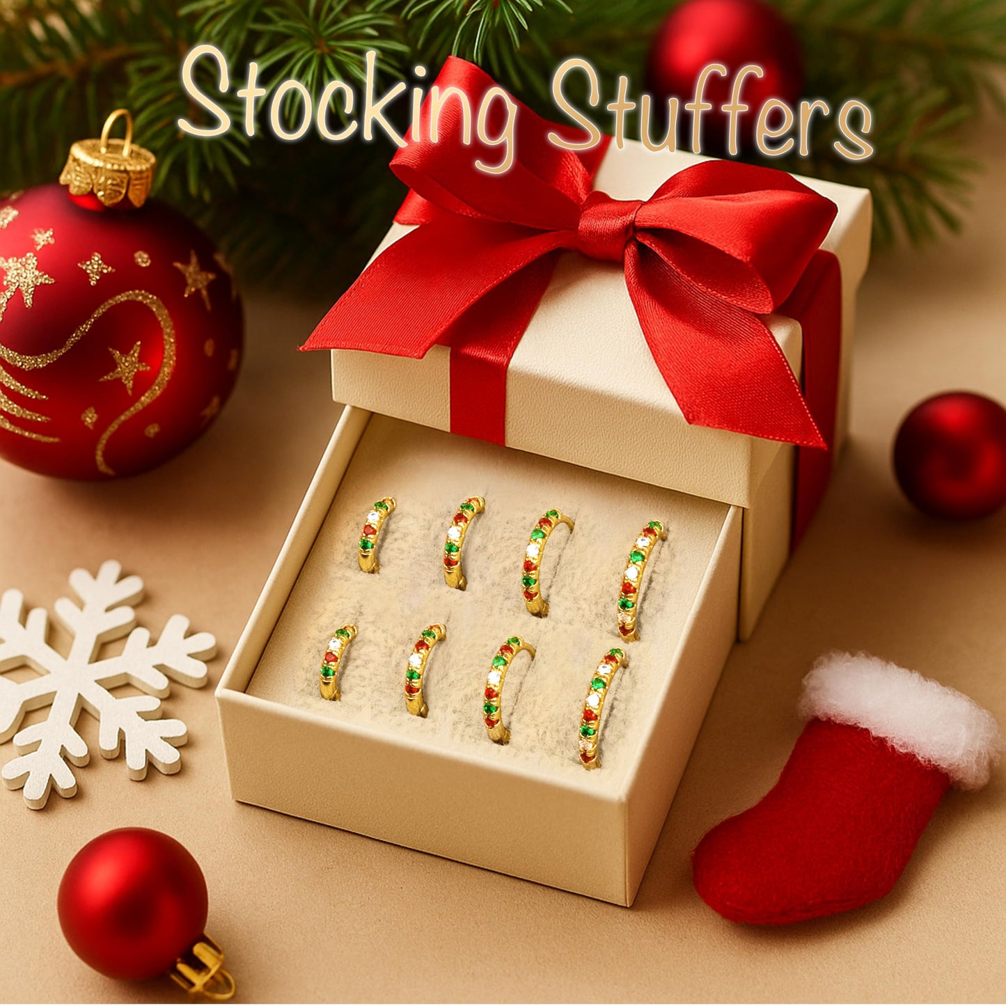 Christmas Earrings for Women, Gold Red Green Hoop Festive Holiday Earring Set for Christmas Stocking Stuffer Jewelry Gifts