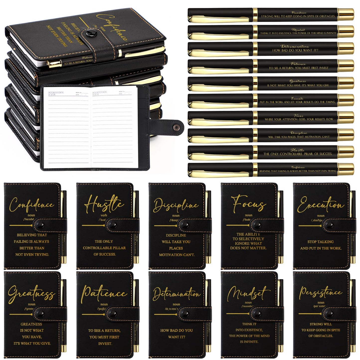 Tenceur 10 Sets Teacher Appreciation Gifts in Bulk Pocket Notebooks with Pens Motivational Leather Journals for Staff Employee Teacher Students Office School Supplies (Black)