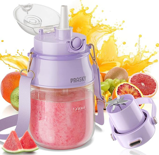 Portable Blender, Prasky Personal Blenders for Shakes and Smoothies with 27oz Cup, Lid and Shoulder Strap, Type-C USB Rechargeable, Personal Size Blenders BPA-free for Travel/Kitchen (Purple)