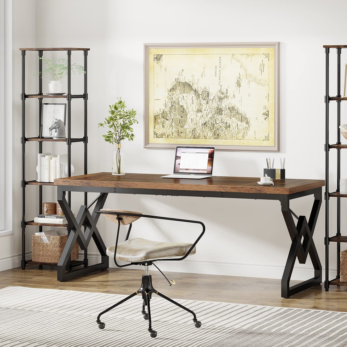 Tribesigns 63-inch Executive Desk, Large Office Computer Desk with Extra Thick Wooden Tabletop and Metal Frame, Modern Simple Workstation Writing Table Study Desk for Home Office, Vintage Brown