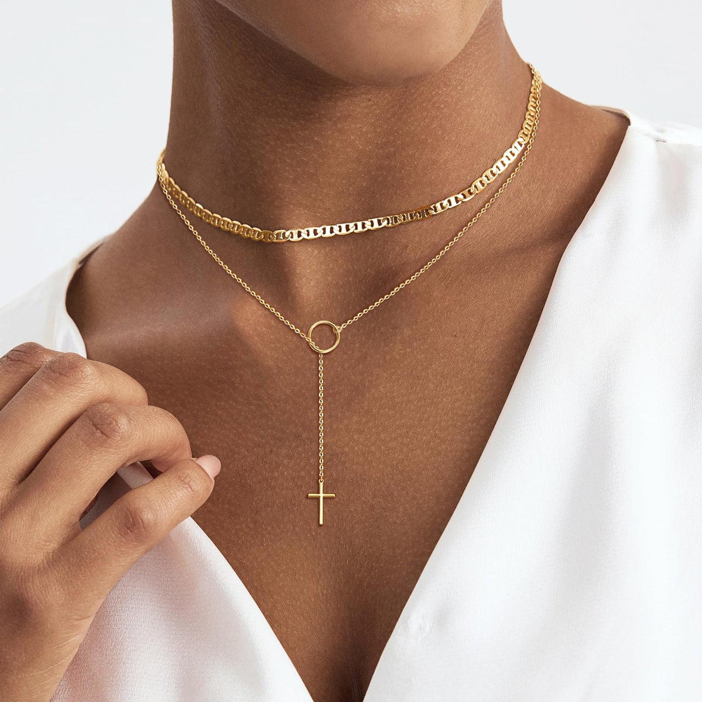 HAXIYA Gold Cross Necklace for Women 14K Gold Plated Choker Cross Pendant Long Necklaces Mariner Chain Layered Minimalist Simple Tiny God Lords Prayer Religious Jewelry