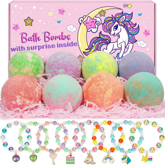 8 Pack Bubble Bath Bombs for Kids with Bracelets Toys Inside, Organic Natural Kids Bath Bombs, Christmas Birthday Gift for 3 4 5 6 7 8 Year Old Girl, Princess Bath Bomb Kit with Mermaid Unicorn Toys