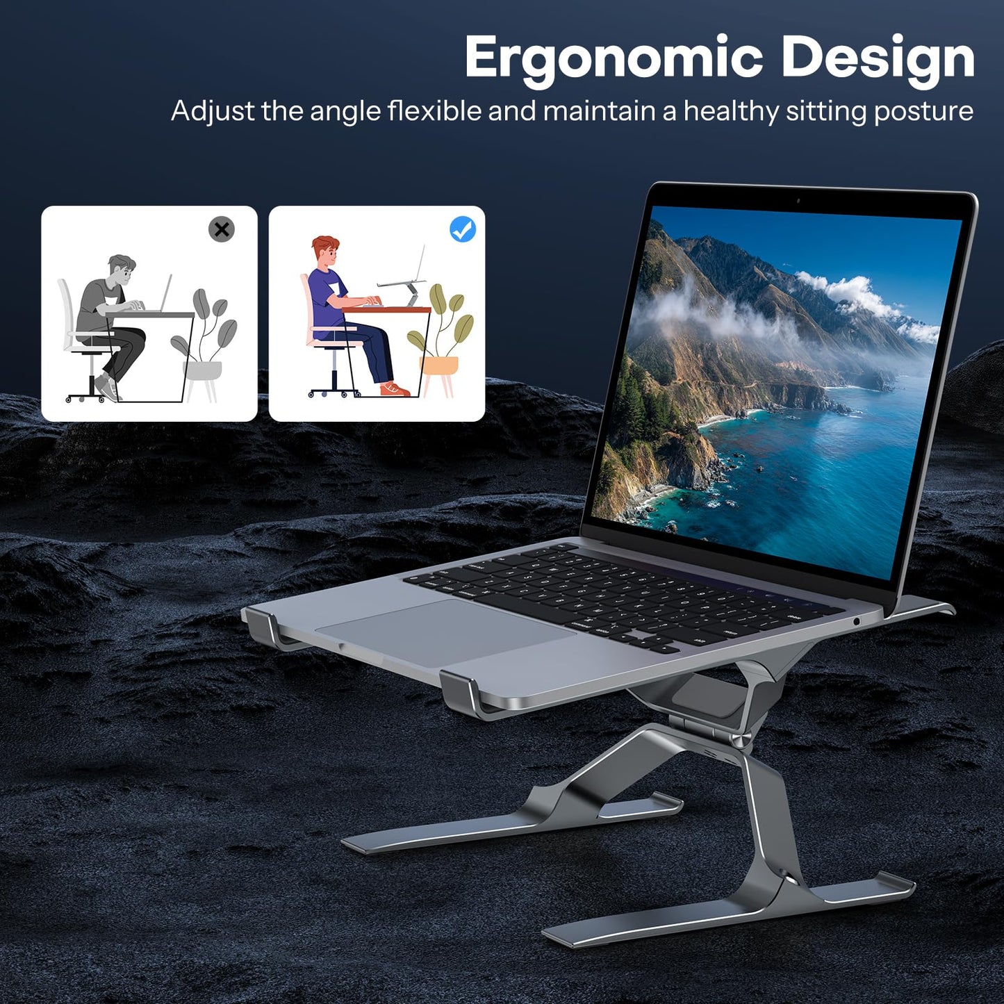 OMOTON More Stable Laptop Stand, Aluminum Adjustable Laptop Holder Stand for Desk, Ergonomic Detachable Notebook Riser Suitable for All Laptops (11-16 inch)