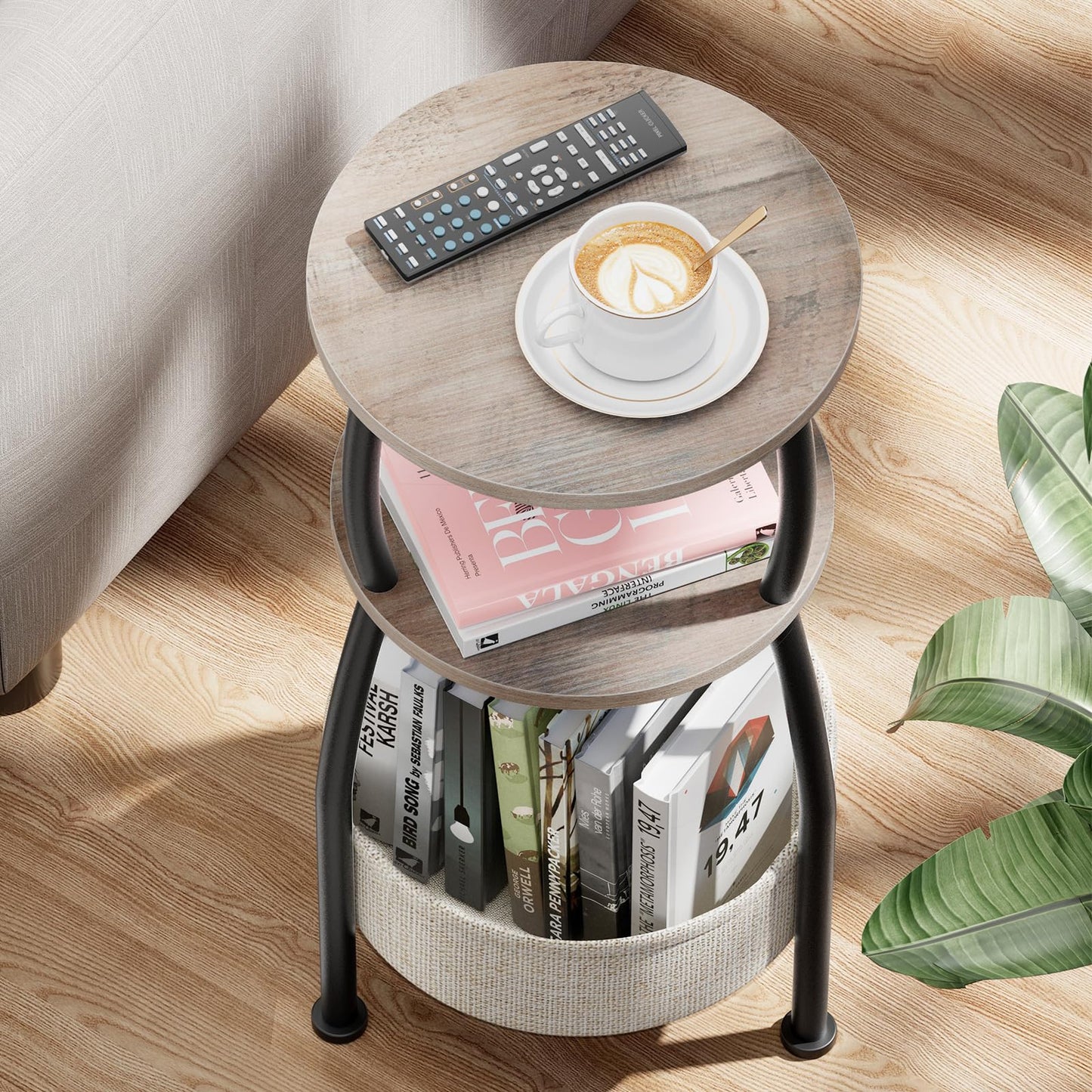 Yuede Round Side Table with Storage Basket –Small Space Saving End Table 3-Tier Coffee Table Bedside Corner Stand for Living Room, Bedroom, Garden and More 24in Tall Greige