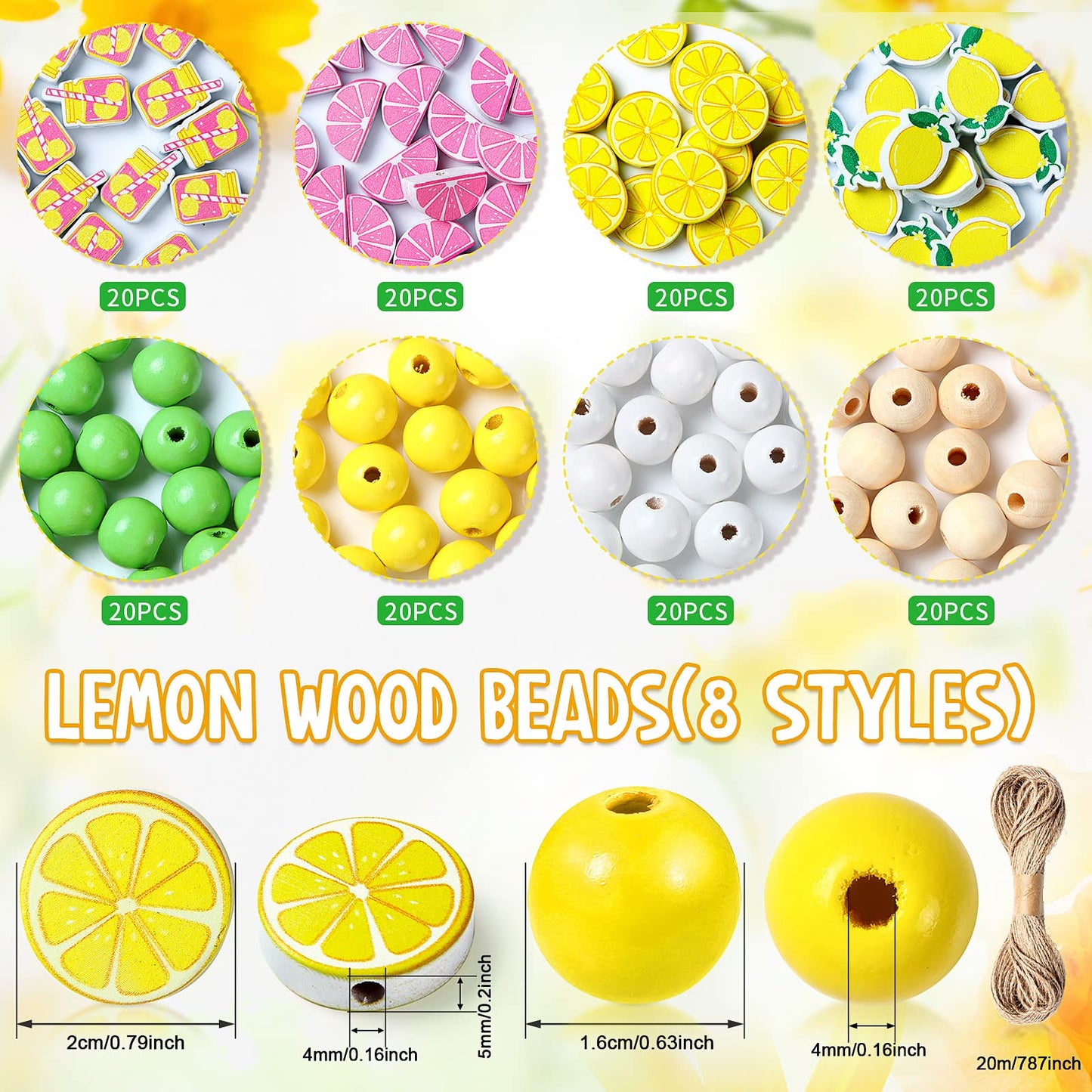Chunful 160 Pcs Lemon Wooden Beads Bulk 16 mm Yellow and Green Lemon Shaped Beads Summer Fruit Natural Round Beads Lemonade Spacer Wood Beads with Rope for Making DIY Crafts Farmhouse Home Decor