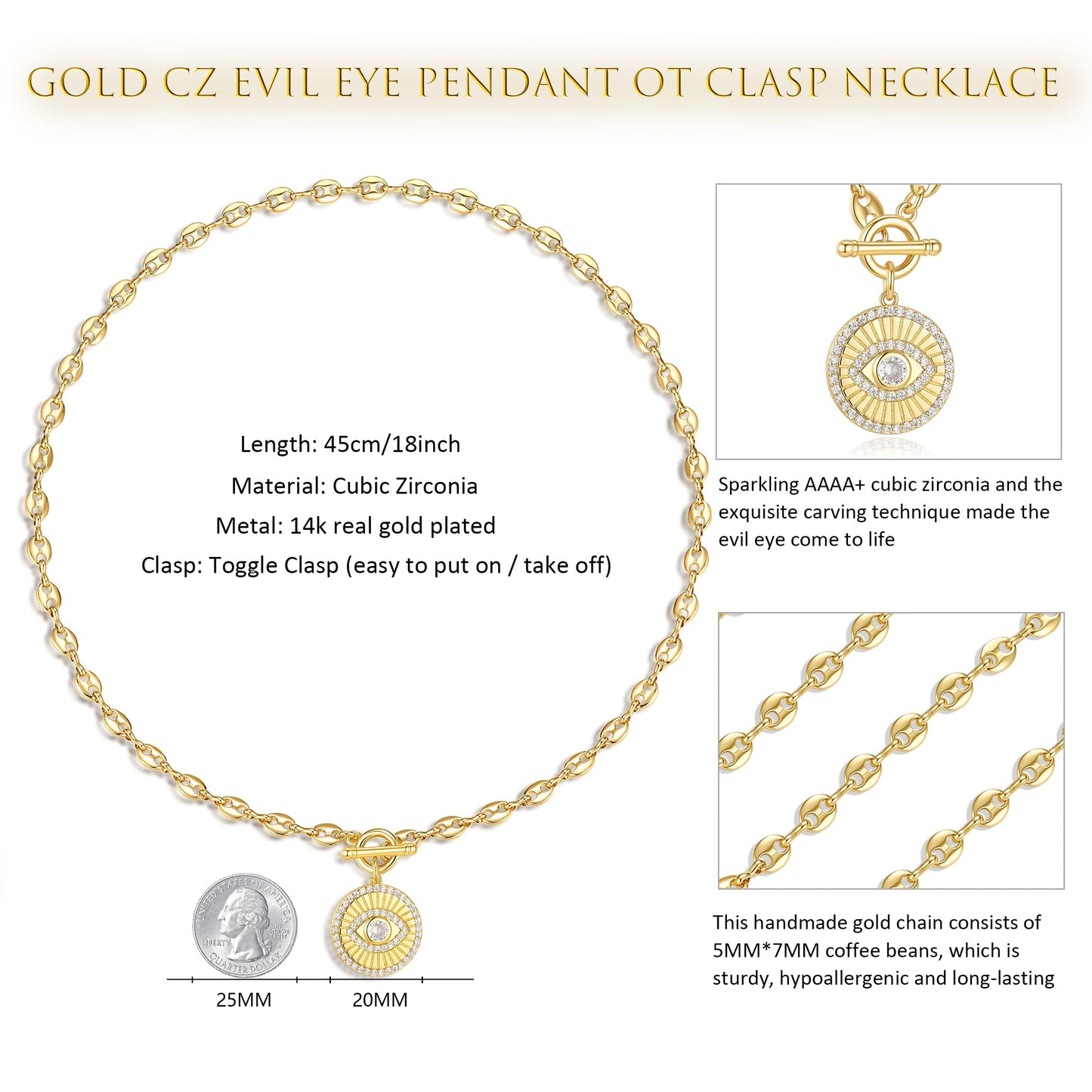 NUZON Round Evil Eye Pendant Necklace for Women 14K Gold Plated Coffee Bean Chain Coin Disk CZ Demon Eye Protection Charm Lucky Amulet Spiritual Jewelry Gift 18’’