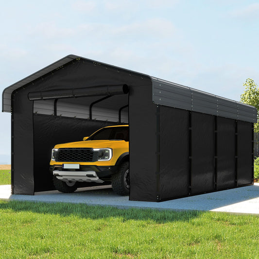 12x20FT Heavy Duty Metal Carport, Outdoor Carport with Galvanized Steel Frame and Roof, Multi-Use Car Garage Shelter with Removable Sidewalls, Enclosed for Cars, Pickup, Tractors, Tools, Gray