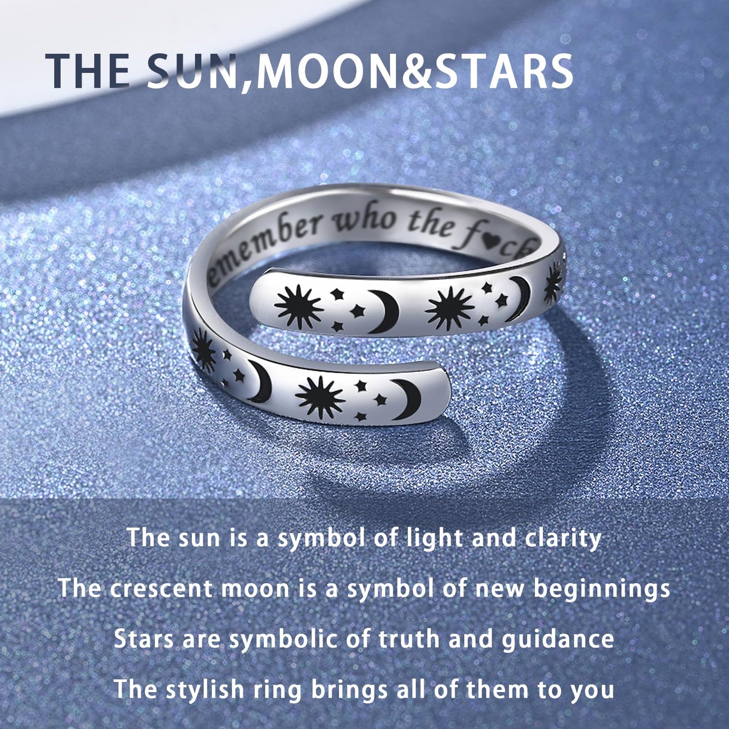 925 Sterling Silver Inspirational Jewelry Adjustable Wrap Open Ring Encouragement Gift for Women (Sun & Moon - Remember who the f♡ck you are)