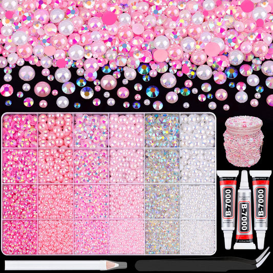 14000Pcs Flatback Pearls and Rhinestones for Crafting, Pink White Mixed Size 3-8mm Resin Rhinestones and Half Pearls for Bedazzling, Nail Art and Decoration with 3pcs B7000 Jewelry Glue