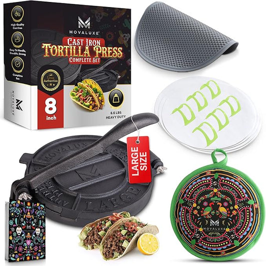 Movaluxe® Tortilla Press 8 Inch Cast Iron LARGE – Corn & Flour Roti Maker Machine Heavy Duty Tortillera Presser. With Parchment Paper, Warmer Pouch, Taco Holders, Rubber Mat & Digital Culinary Guide
