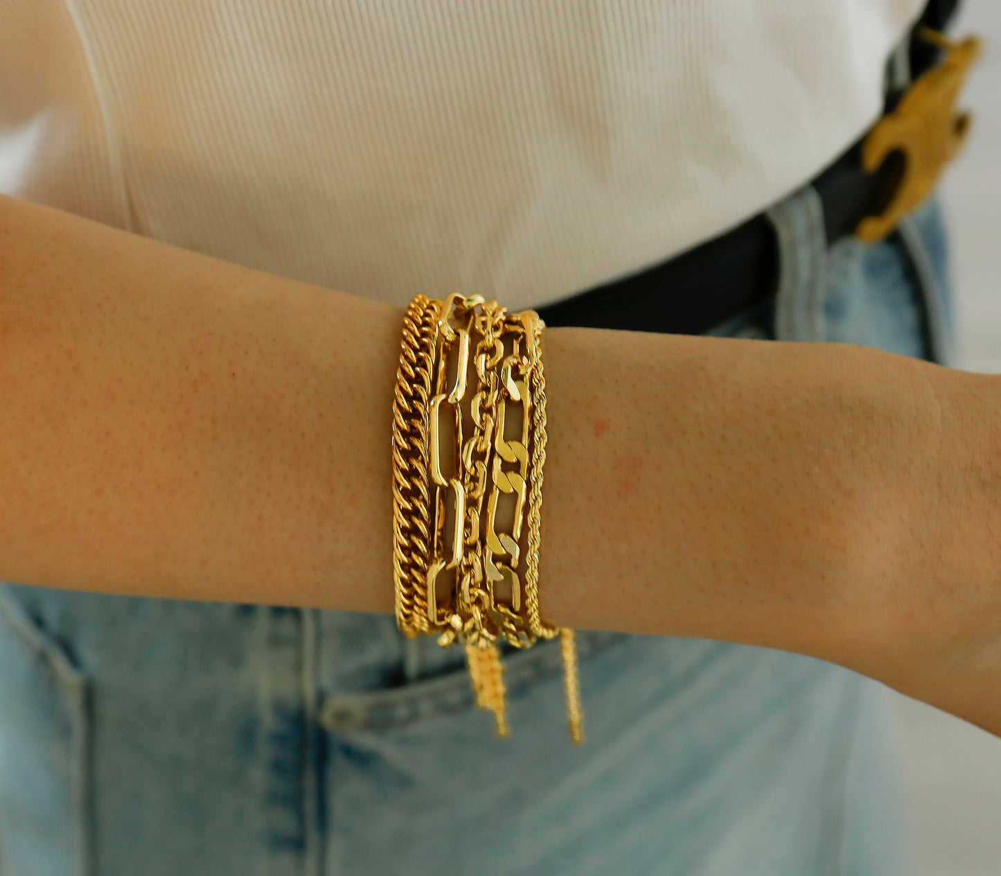 CONRAN KREMIX Gold Filled Bracelets For Women Dainty 14K Real Gold Plated Chunky Chain Layered Paperclip Rope Chain Stake Stackable Bracelet Set Fashion Trendy Gold Jewelry For Women
