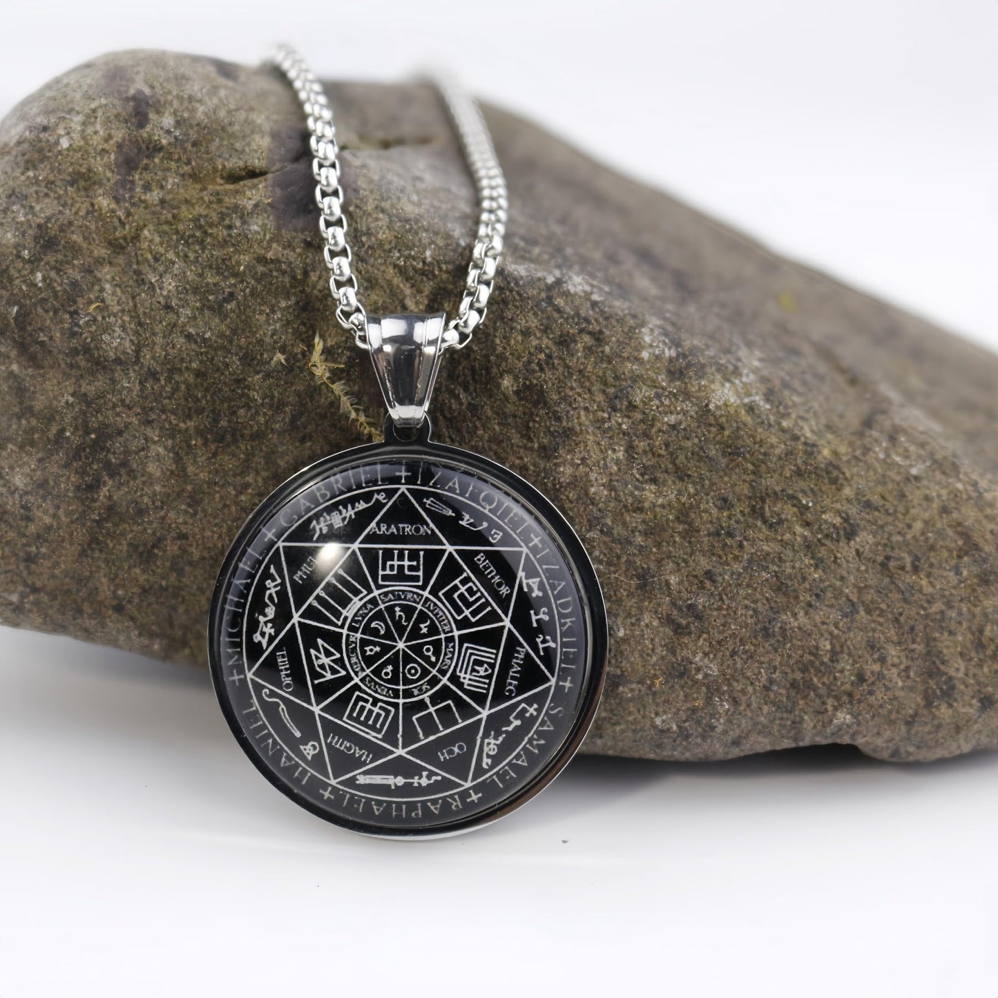 Seven Angel Medal Pendant Stainless Steel Glass Solomon Talisman Necklace Guardian Jewelry Men and Women 24 inch Gift Set (silvery)