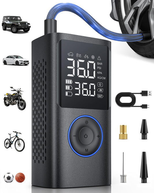 Powools Tire Inflator Portable Air Compressor, 150 PSI Cordless Bike Pump, Air Pump for Auto, Motorcycle, Bicycle, Balls with Pressure Gauge, LED Light & Car Accessories, Blue, Standard Capacity