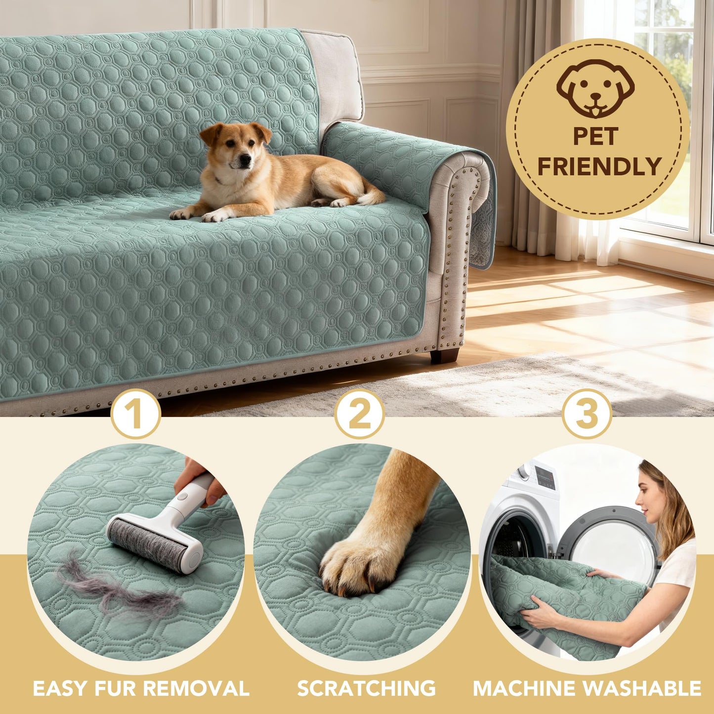 H.VERSAILTEX 100% Waterproof Couch Cover Thick Durable Sofa Slipcover with Storage Pocket Triple Nonslip Furniture Protector for Dogs, Children, Pets, Machine Washable (Sofa, Lily Pad)