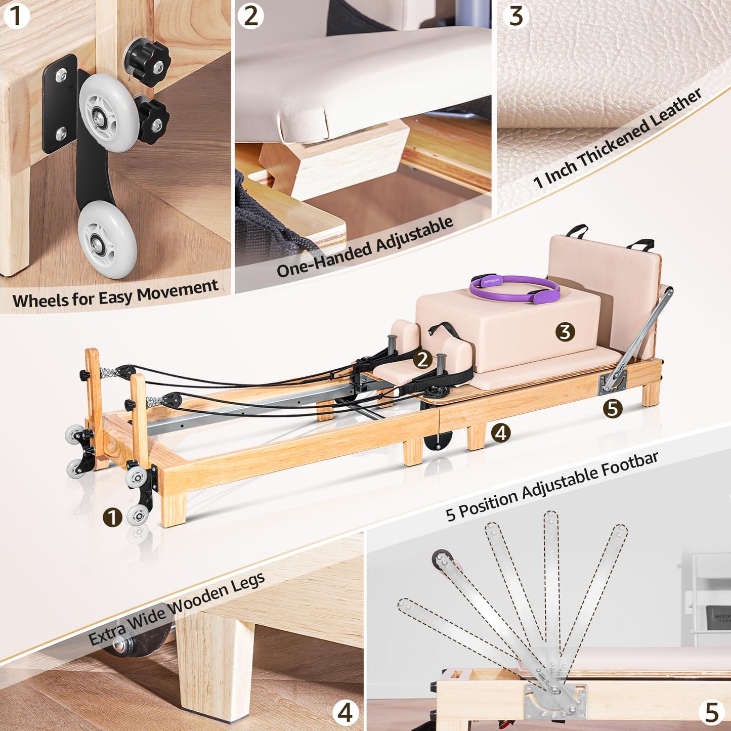 Pilates Reformer Machine, Quick-Assembly Foldable Studio Grade Pilates Equipment for Gym and Home, Oak Wood Pilates Reformer with Reformer Accessories