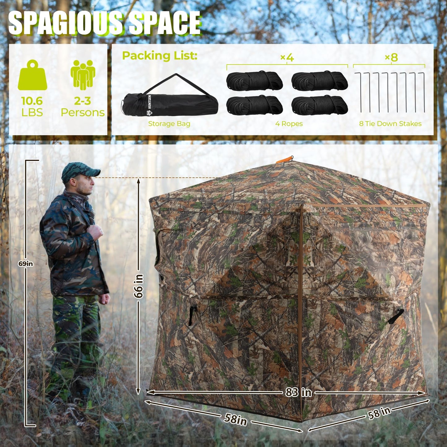 HUNTSEN 360 Degree See Through Hunting Blind with Double Open Door - Lightweight Soft Material Portable Pop Up Ground Blind - 2-3 Person Concealed Camouflage Tent with Carrying Bag for Deer & Turkey