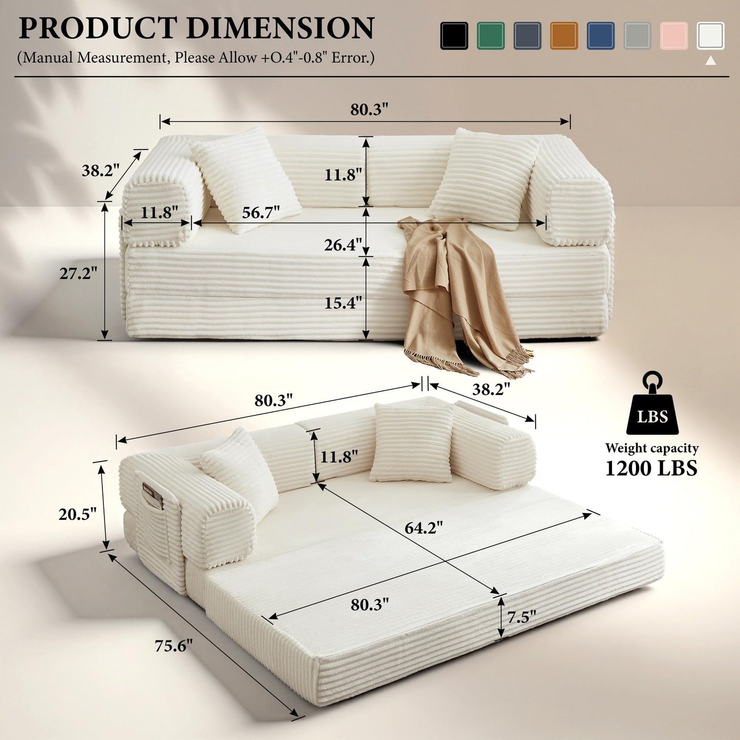AUGOP Boneless Couch Folding Couches for Living Room Sofa, Futon Sofa Bed with Sleeper Sofa, Futon Couch with Fixed-Shape Oversized Corduroy Upholstered (White, 81 Inches)