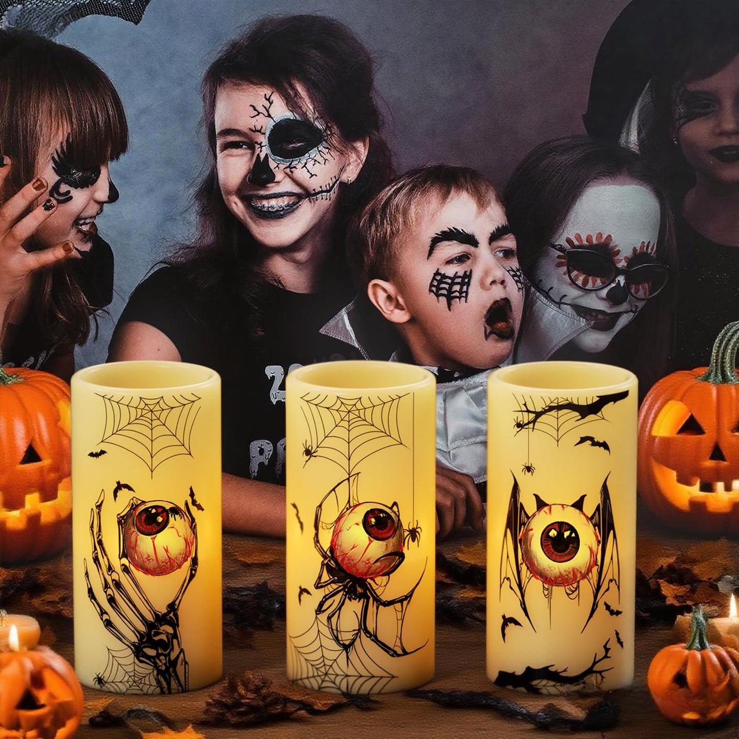 DRomance Halloween Flameless Flickering Candles Battery Operated with Timer, 3 Pack Real Wax LED Pillar Candles Spooky Bloody Eyes Spider Decals Dinner Halloween Decorations Indoor(3" D x 6"" H)"