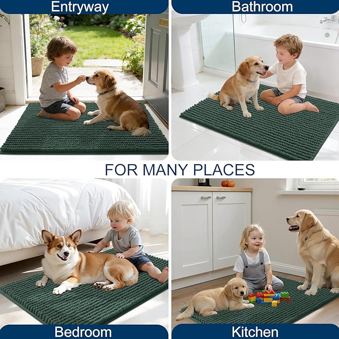 OLANLY Dog Door Mat for Muddy Paws 70x46, Ultra Absorbent Chenille Mud Doormat, Non-Slip Washable and Dirt Trapping Doormat for Indoor Entryway, Quick-Dry Indoor Pet Bed Mats for Dogs, Blackish Green