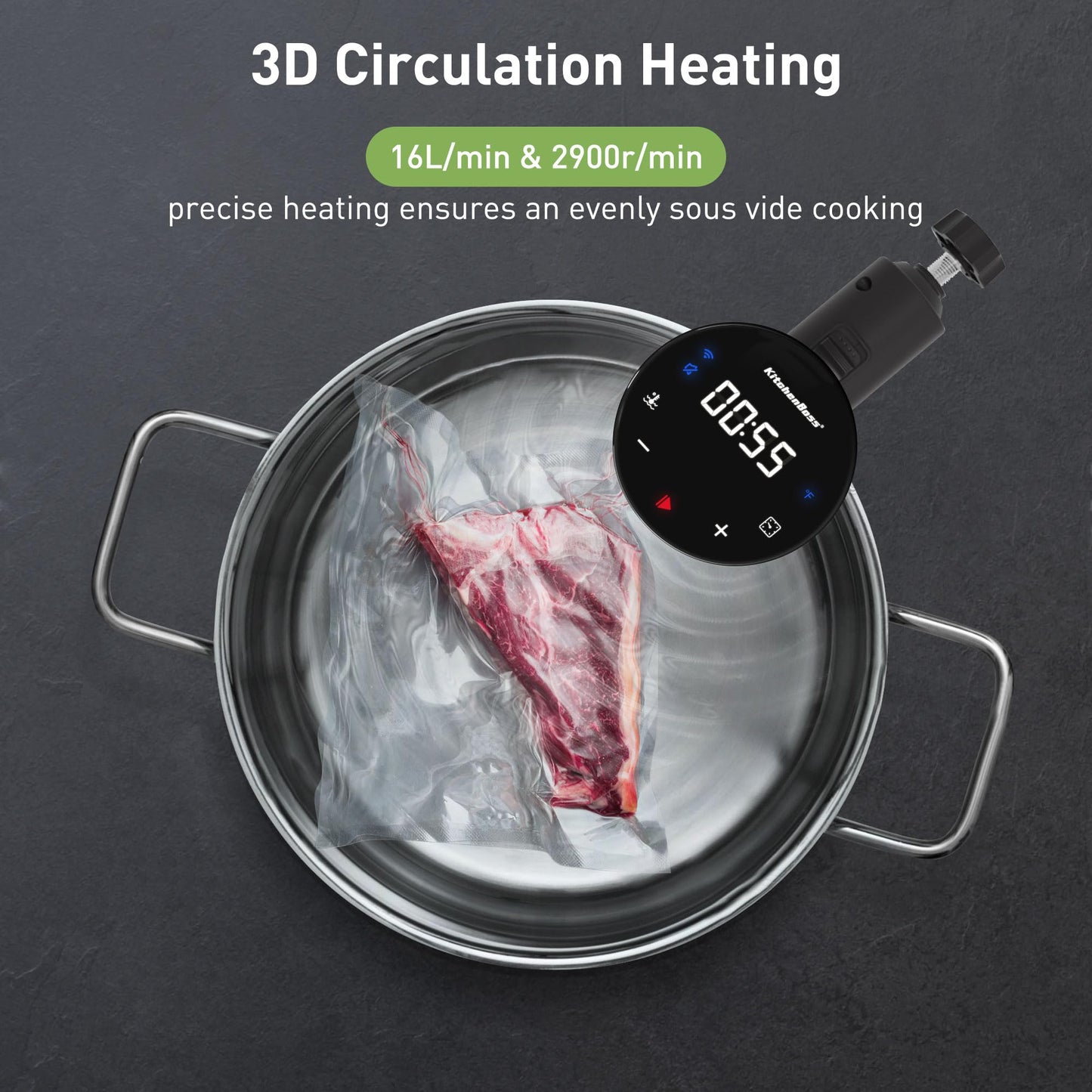 KitchenBoss Wifi Sous Vide Cooker: Ultra-quiet Sous Vide Machine Immersion Circulator APP Control 1100W, IPX7 Waterproof Sous Vide Precision Cooker Accurate Temperature Fast-Heating, Silver