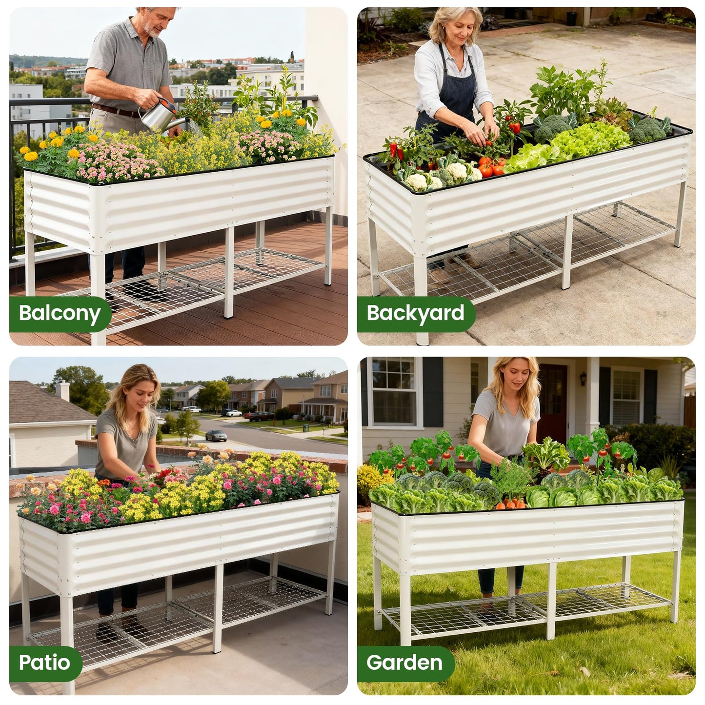 Elevated Raised Garden Bed 2' x 6'- Galvanized Metal Planter Boxes with Legs & Storage Rack, Outdoor Planters for Backyard/Patio/Balcony, with Drainage Holes for Vegetables, Flowers, Herbs, White