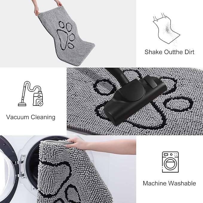 Smiry Dog Door Mat for Muddy Paws, Absorbent Dirt Trapper Non Slip Quick Dry Washable Chenille Mat for Mud Dogs, Entry Rug for Indoor and Outdoor (40x24 Inches, Grey and Black)