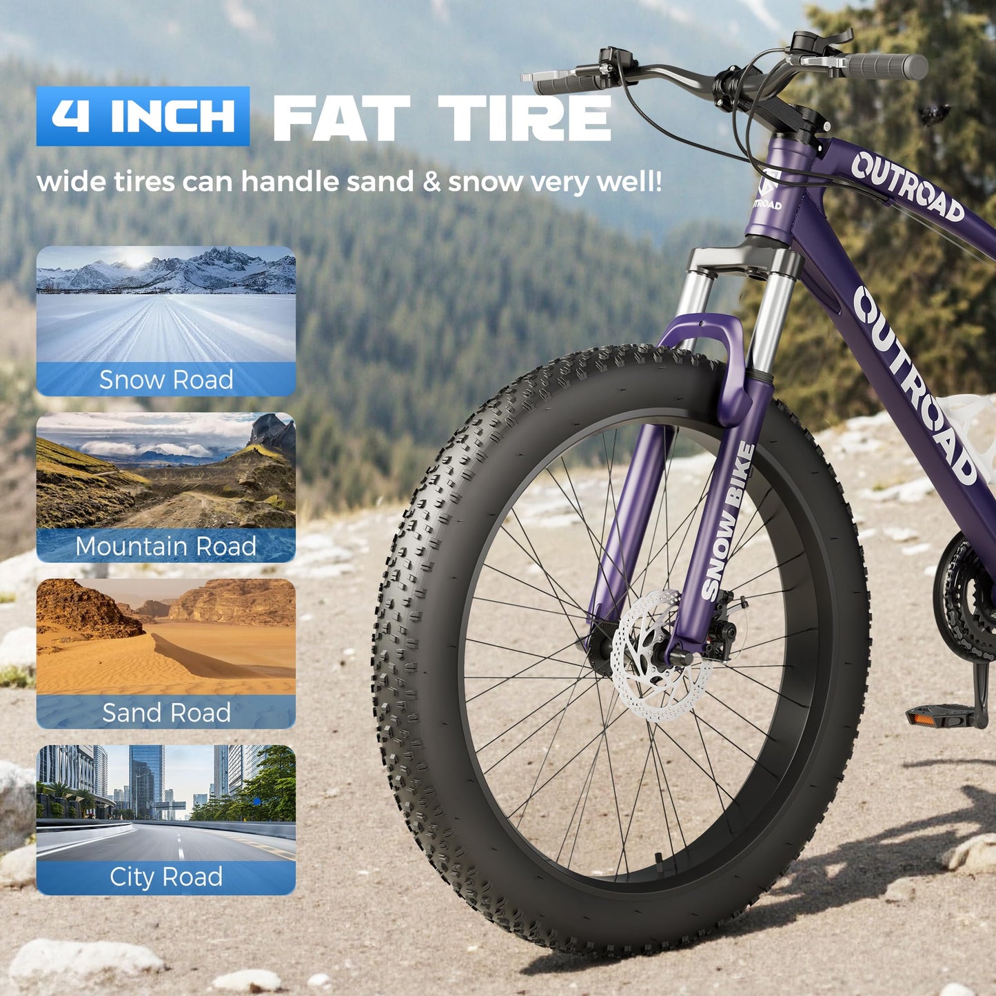 Betterland 26 inch Wheels Fat Tire Bike, 21 Speed Heavy Duty Mens Mountain Bikes with High Carbon Steel Frame/Double Disc Brake/Front Suspension Anti-Slip Bikes (Blue&Purple)-1