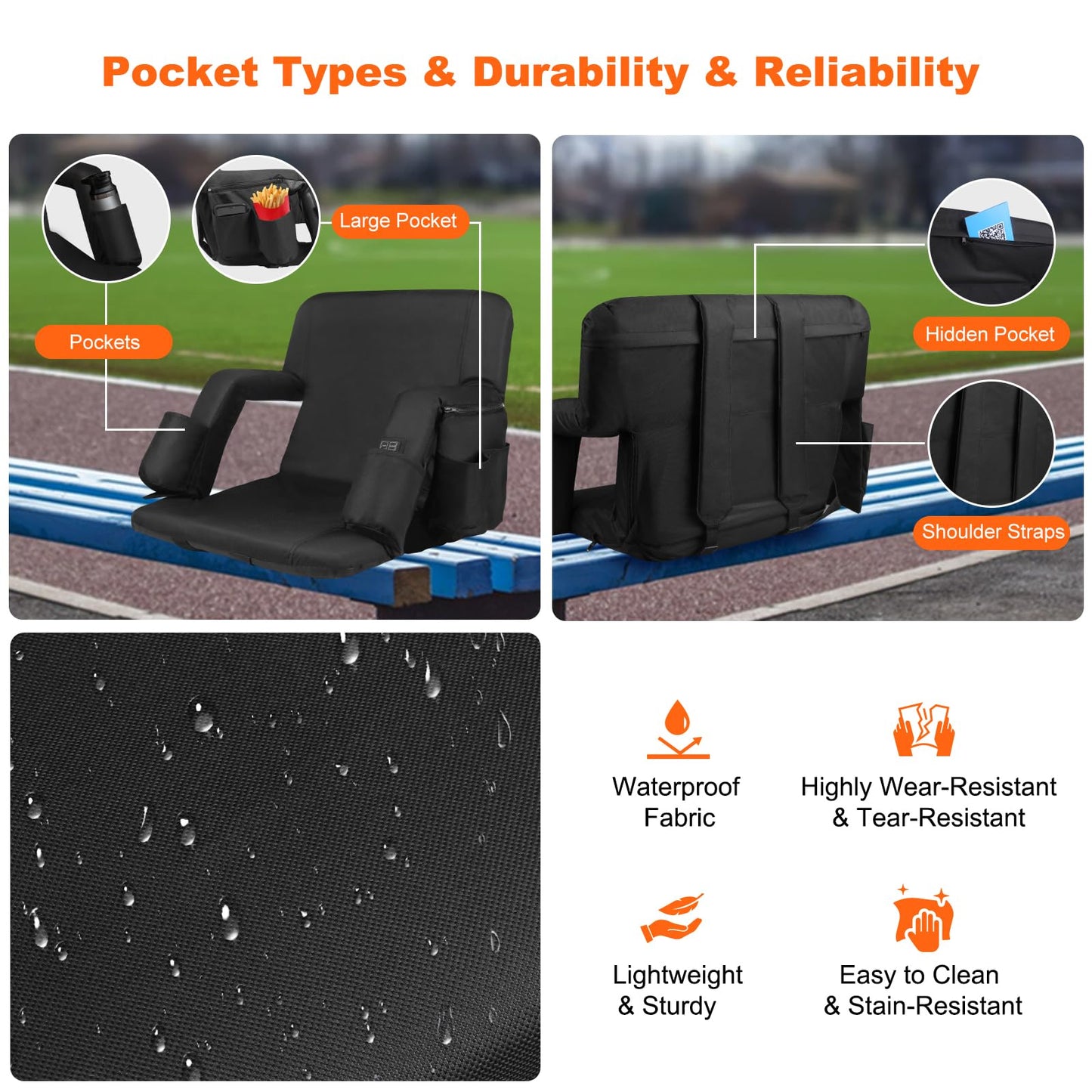 Moteoza Heated Bleacher Seat with Backrest with 5V 20000mAh Battery Heated Stadium Seats for Bleachers with Back Support Wide 25" Heated Stadium Chair 6 Reclinng Positions 3 Heating Levels 2PCS