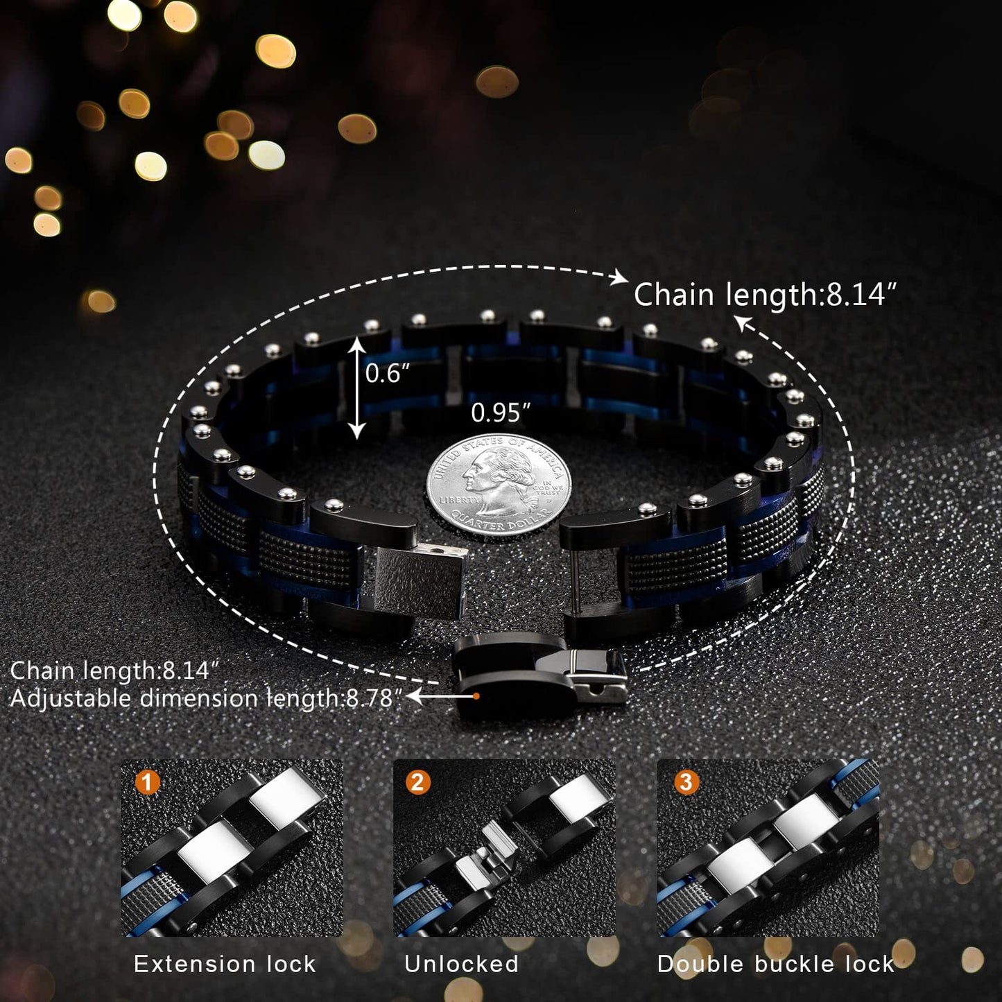 Zillaly Men's Stainless Steel Two-Tone Square Link diamond Bracelet in Black & Blue Ion-Plated Black (Black gold)
