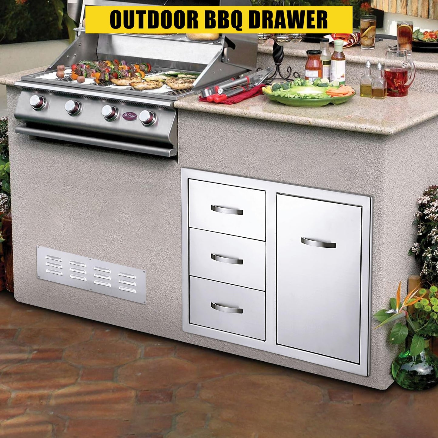 GarveeLife Outdoor Kitchen Cabinets - Stainless Steel Outdoor Kitchen Drawer Combo,Multi-Layer Design, Paper Towel Rack, Flush Mount Double Drawers, BBQ Island & Patio Grill Station, 28wx20dx20h Inch