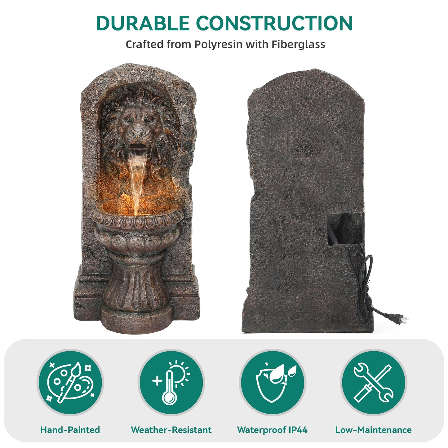 Autodaya 30" Lion Head Outdoor Water Fountain, Rustic Tiered Waterfall Fountain with LED Lights, Weatherproof Resin Freestanding Fountain for Garden, Patio, Yard & Courtyard Decor