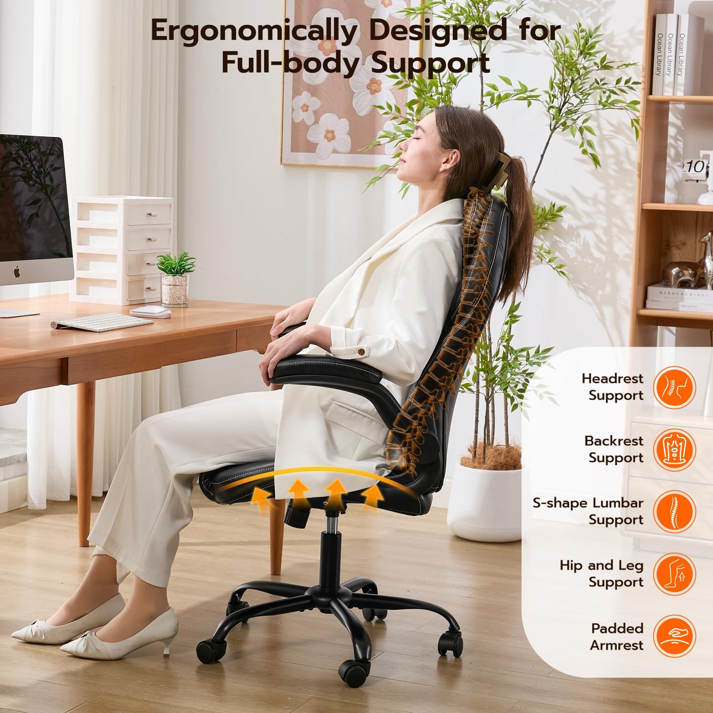 Office Desk Chair, Ergonomic Computer Chair with Padded Flip-Up Arms and Adjustable Lumbar Support, PU Leather Executive Chair with Tilt Lock and 360° Swivel Rolling Wheels for Work, Study