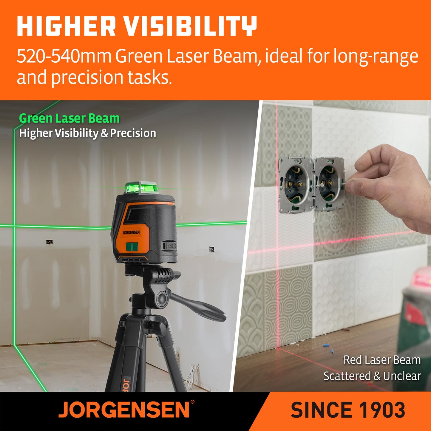 JORGENSEN 360° Laser Level with Tripod, 100 FT Rechargeable Self Leveling Cross Line Laser Leveler Tool with Magnetic Base, Wide Angle Green Laser Level for Picture Hanging, Floor Tile, Construction