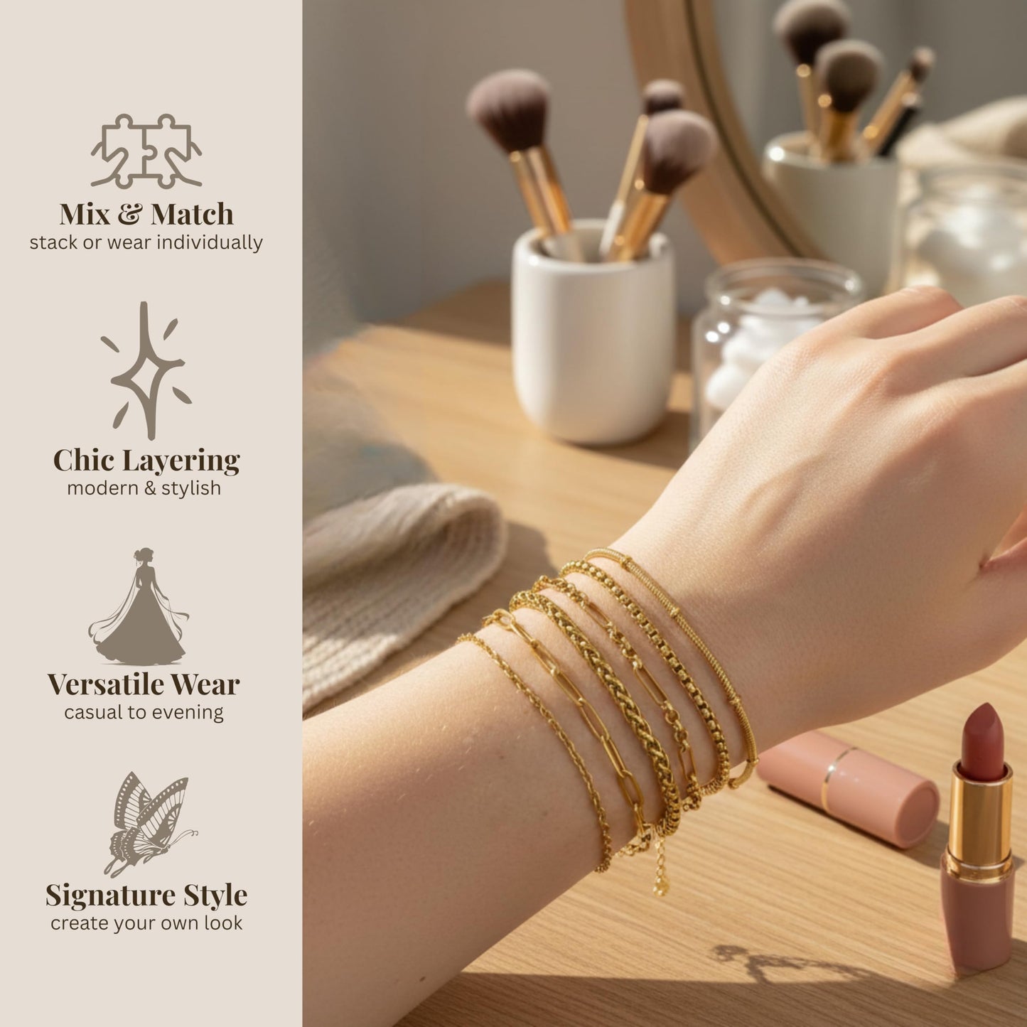 Cherry Tree Collection Stainless Steel Bracelets for Women | Stackable Bracelet Set of 6 Gold | (6-7.5") To Fit Most Wrists | Stainless Steel Charm Bracelet | Fashion Accessories Jewelry