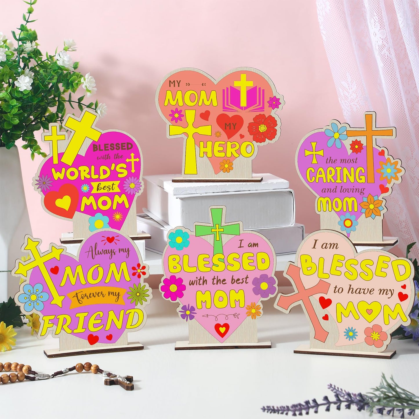 CroBlissful 24 Sets Mother's Day Crafts Bulk DIY Coloring Mother's Day Table Wood Signs Religious Blessed Mom Gifts Home Party Dinner Table Decoration