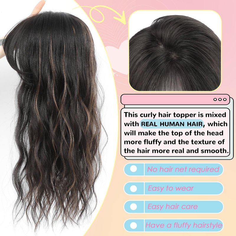 Hair Toppers for Women, 20 Inch Hand Tied Breathable Toppers Hairpieces for Women with Thinning Crown Middle Part Bangs Mix Human Hair Wavy Curly Lightweight Wiglets (Dark Brown Mixed Chestnut)