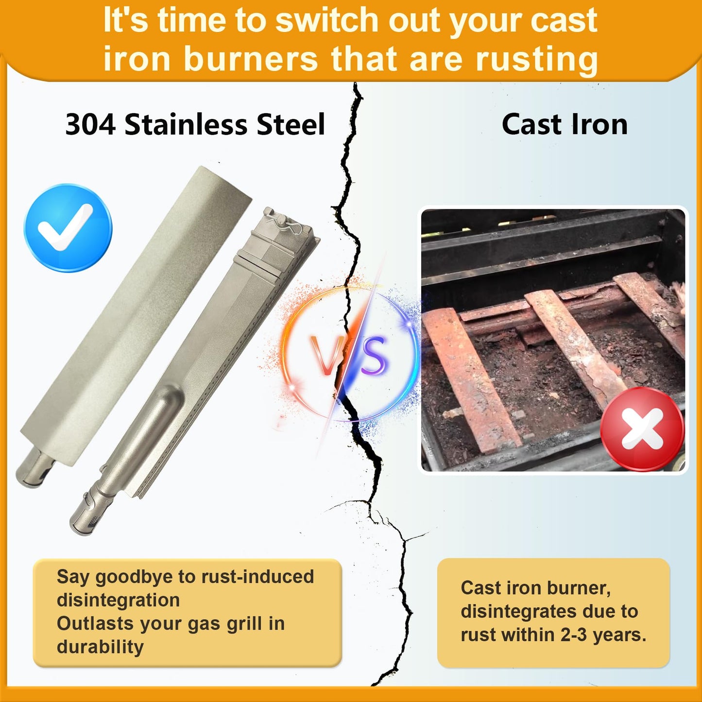 4-Set Heavy Duty Cast Stainless Steel Grill Burners for Bull, Grill Replacement Parts for Bull, Blaze, Cal Flame, Lion, Grilljob, Aussie, Char Broil, Turbo, Thermos, Beefeater, Jenn Air, Nexgrill, etc
