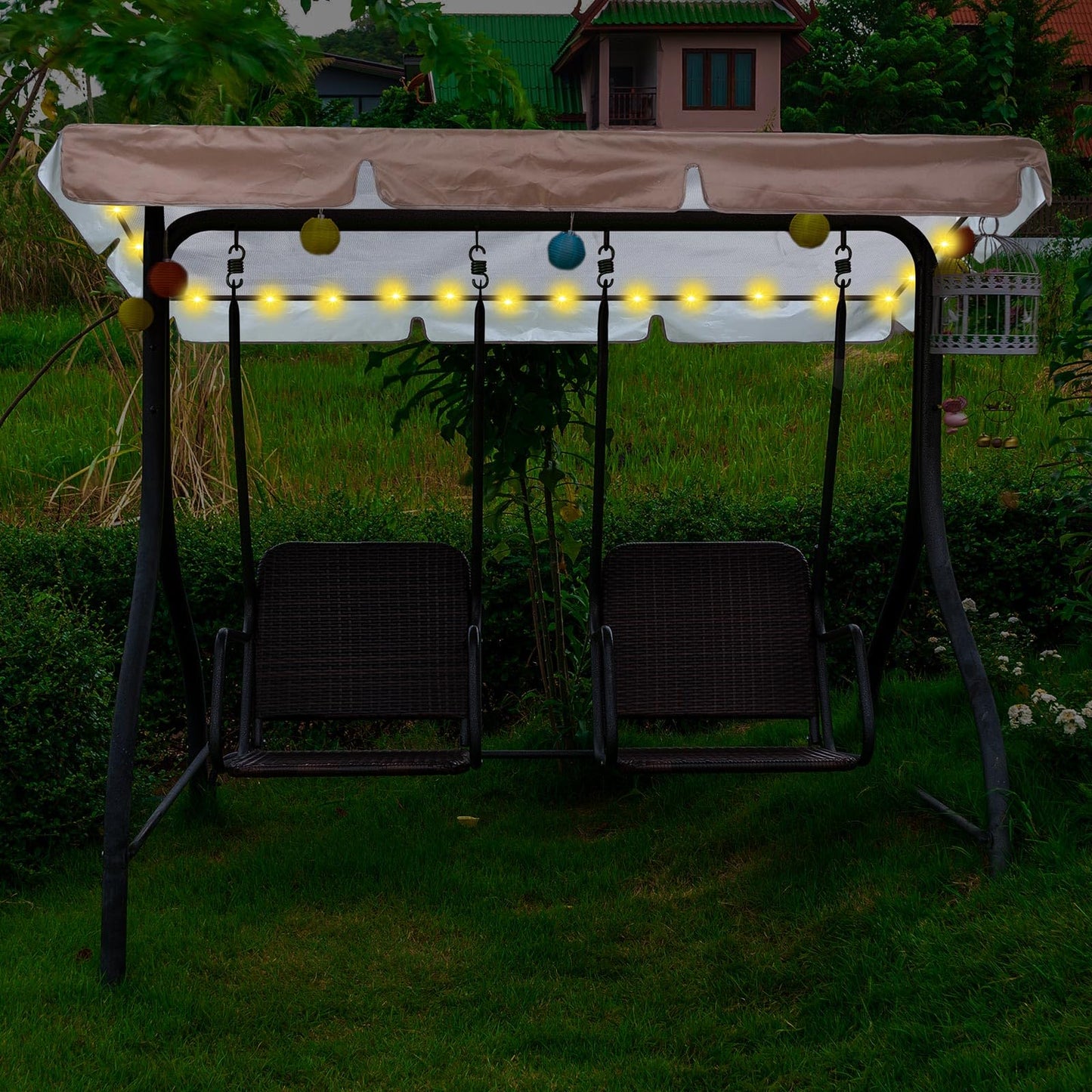 GliCraft LED Lighted Patio Swing Canopy Replacement Top Waterproof LED Porch Swing Canopy Cover 2-3 Seat Shade Awning Covers for Garden Outdoor Yard Park(65 x 45 Inch,Brown)