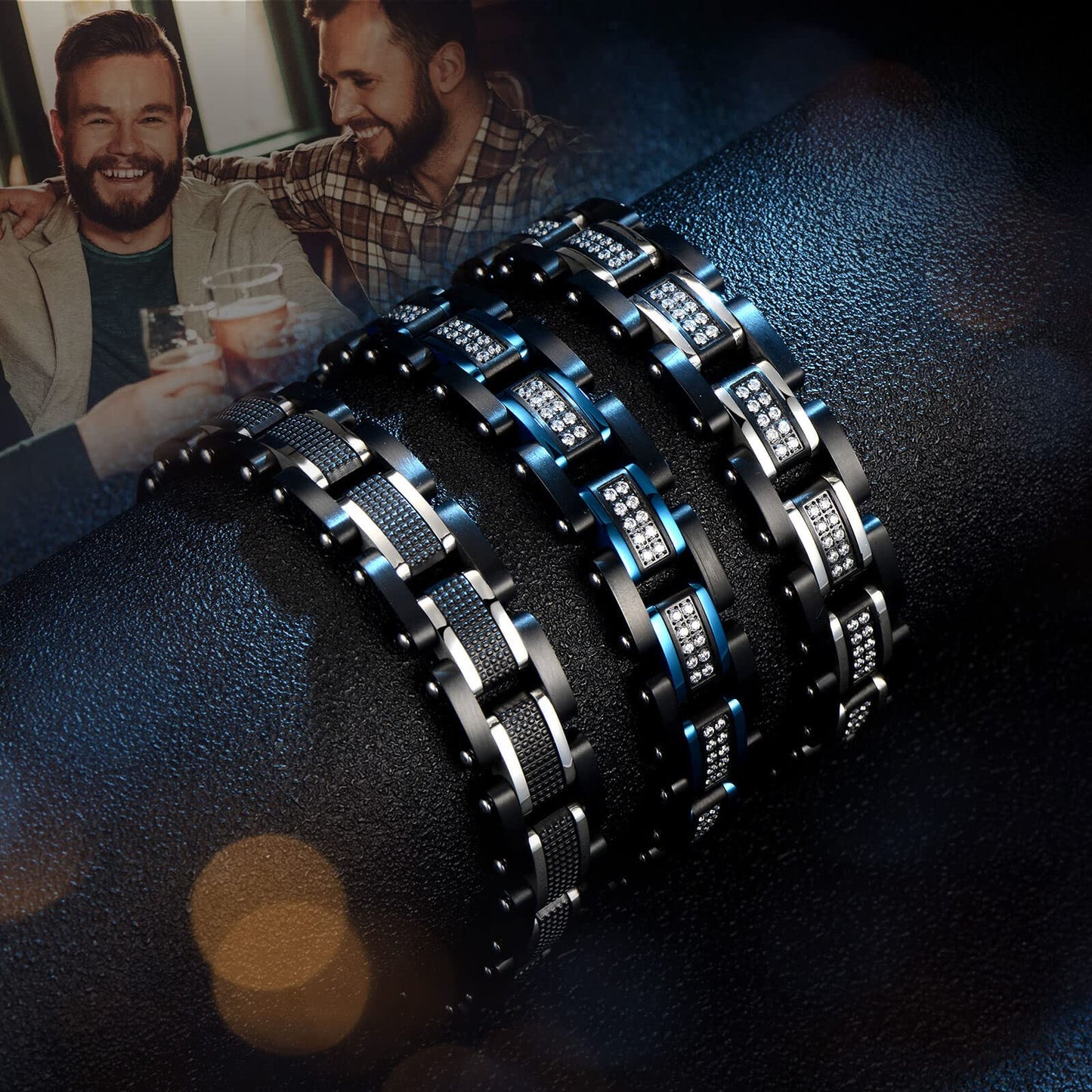 Ziallay Link initial bracelet hip hop jewel gift men Ms. Christmas birthday jewel gift boyfriend son fashion bracelet, diamond, double tone bracelet. (Blue black)