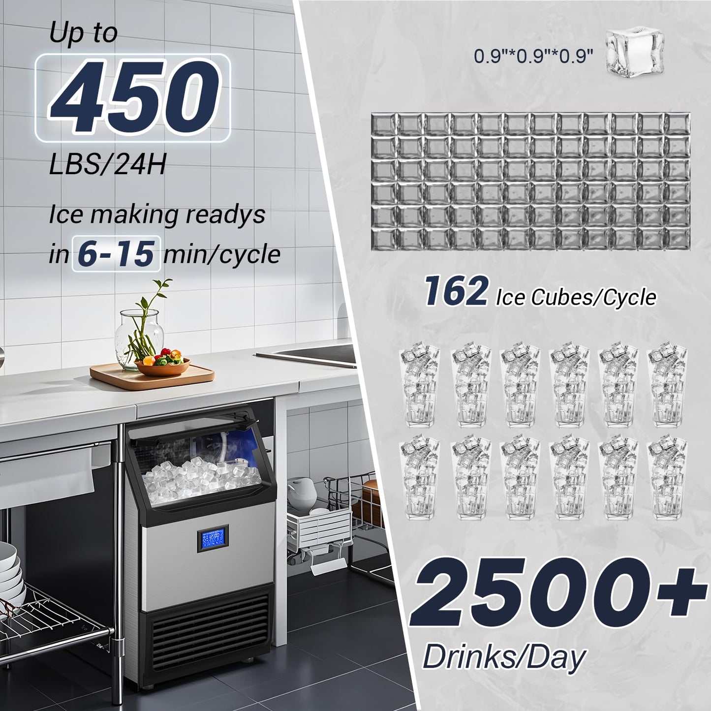 450Lbs/24H Under Counter Commercial Ice Machine with 160LBS Large Storage Bin, Stainless Steel Freestanding Ice Maker for Home Bar Cafe, Include Water Filter and Ice Scoop,Self Cleaning