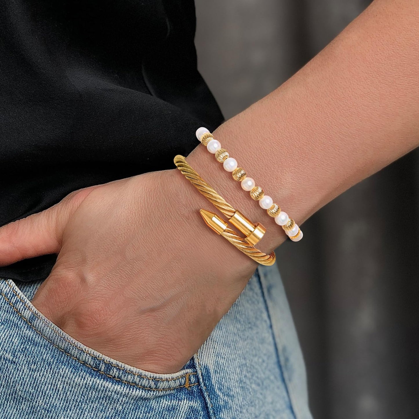 LCTrusttmor Gahna 18K Gold Plated Bangle Bracelet for Women, Non-Tarnish Stackable Nail Bracelets Set With Beaded, Dainty Adjustable Cubic Zirconia Snake Chain With Pearl Crystal Beaded, Trendy Jewelry Mother's Day Birthday Gifts for Lover Mom Her