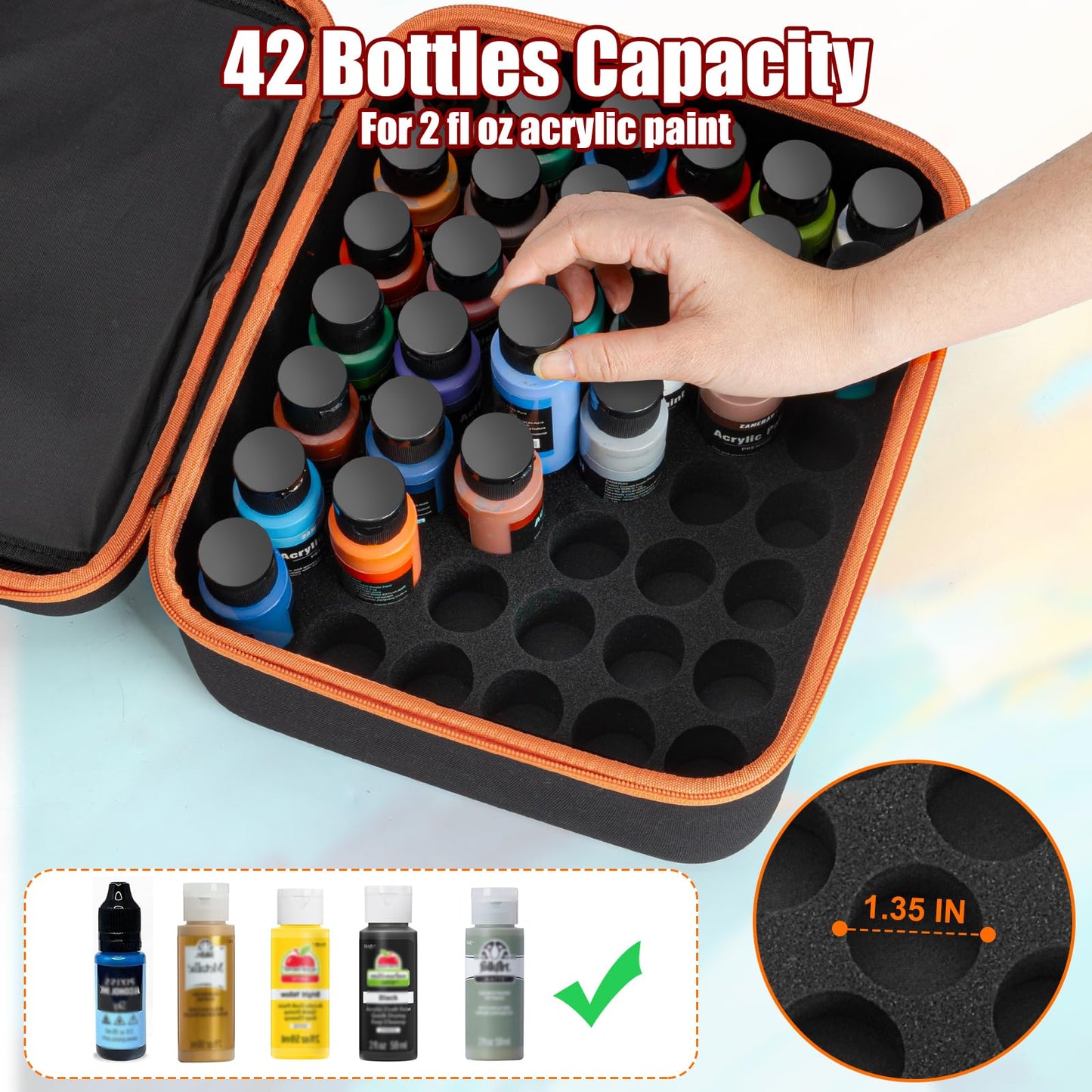 Acrylic Paint Storage Case for 42 Bottles(2 fl oz), Craft Paint Storage Paint Bottle Organizer,Art Supply Storage Hard Paint Box Organizer with Pocket for Paint Brushes,Palette Board & Painting Knives